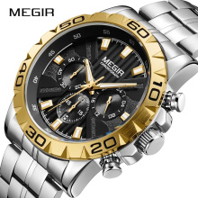 MEGIR 2087 Chronograph Wristwatch Top Brand Luxury Gold Men Quartz Watch Stainless Steel Relogio Masculino